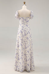 A Linie Druck Blaue Blume Langes Hochzeitsgastkleid mit Schlitz